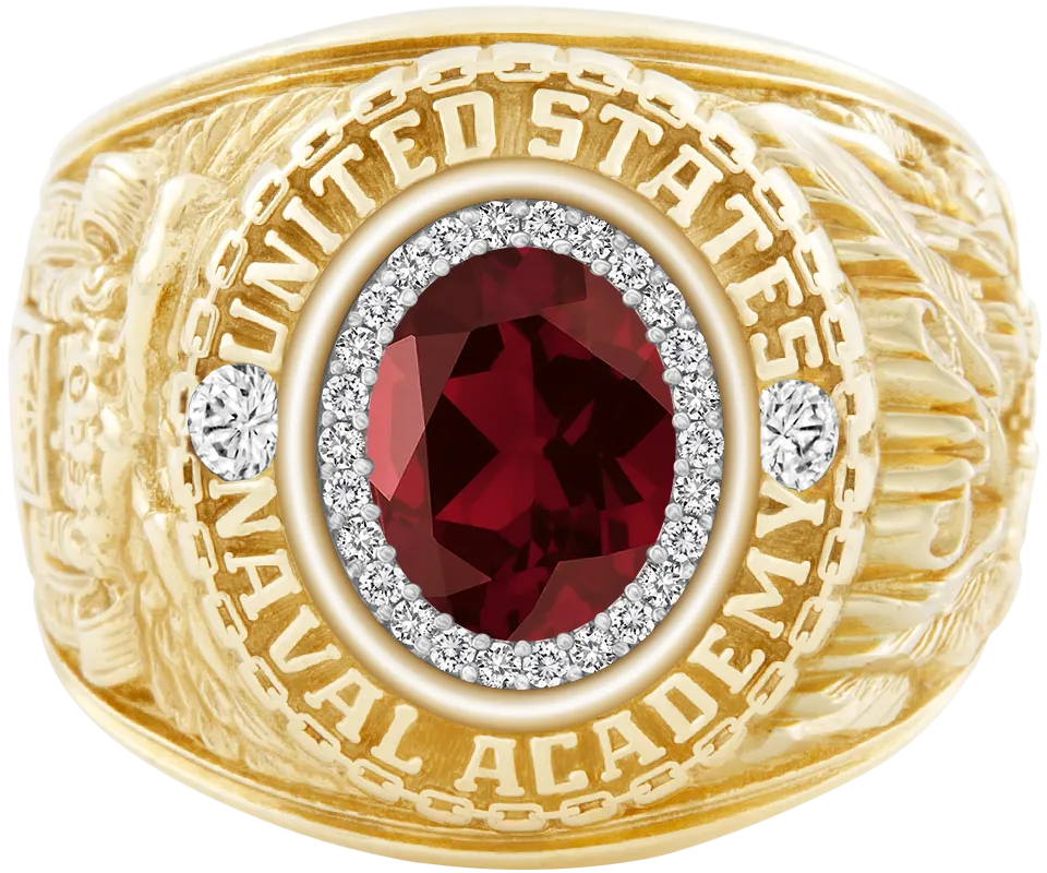 USNA Class Ring Mod™ with Mozambique Garnet Centerpiece and Diamond Dividers