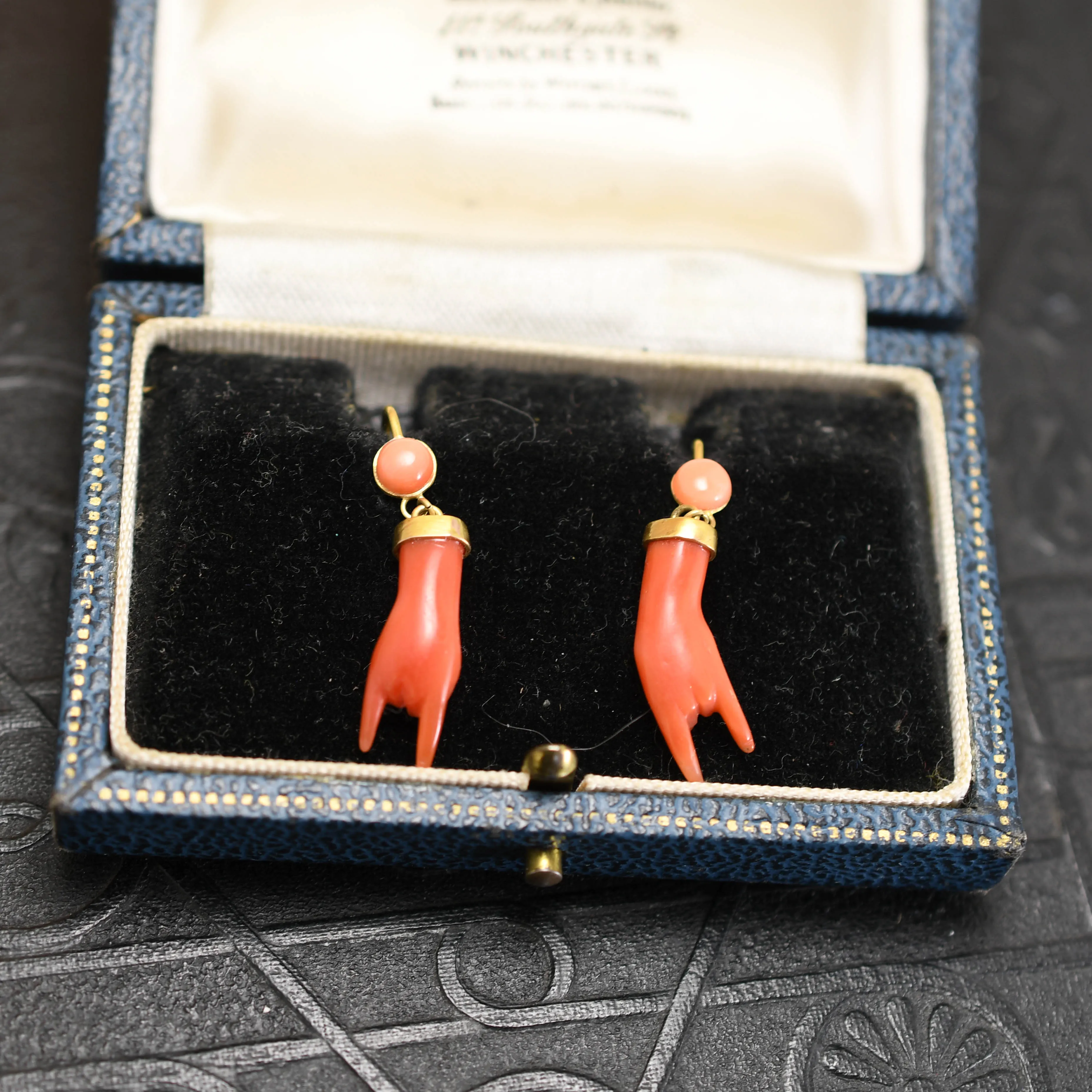 Victorian Coral & Gold Mano Figa Earrings