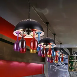 Vintage 4-Light Dome Iron Hanging Chandelier: Restaurant Pendant Lamp in Black with Colorful Wine Cup Deco