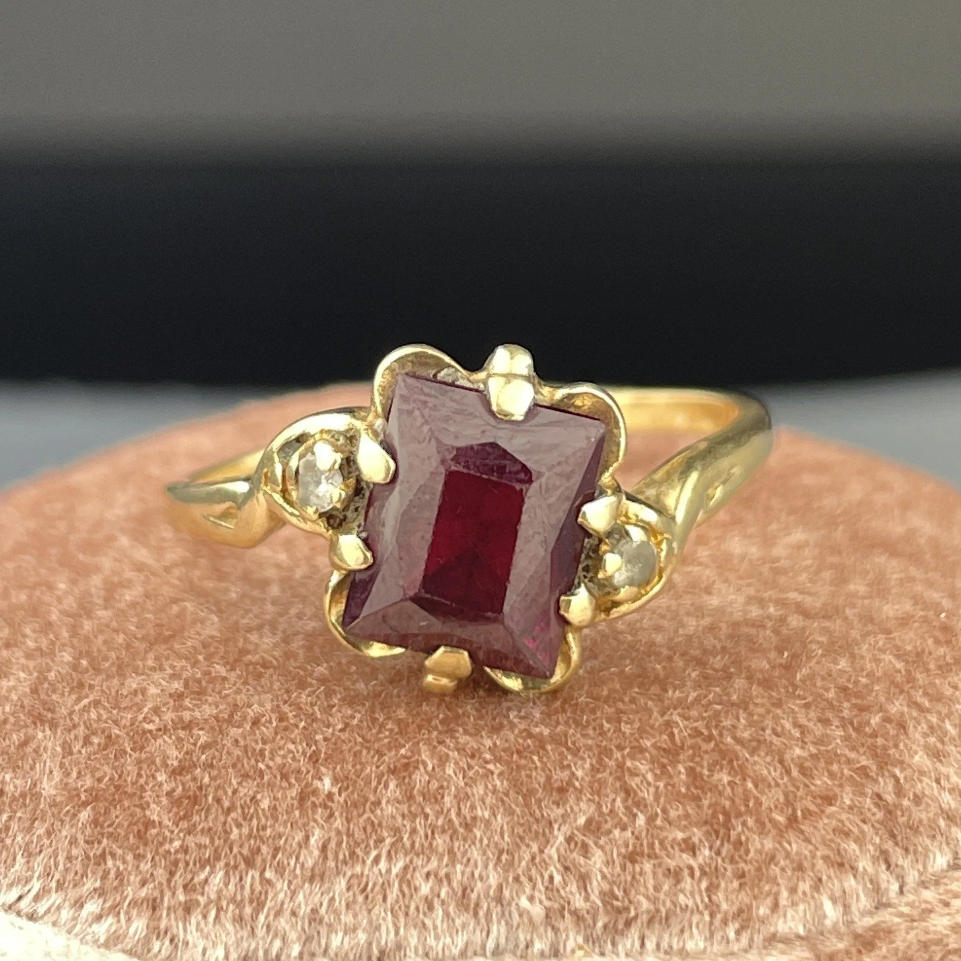 Vintage Art Deco 10K Gold Emerald Cut Ruby Ring, Sz 8 1/4