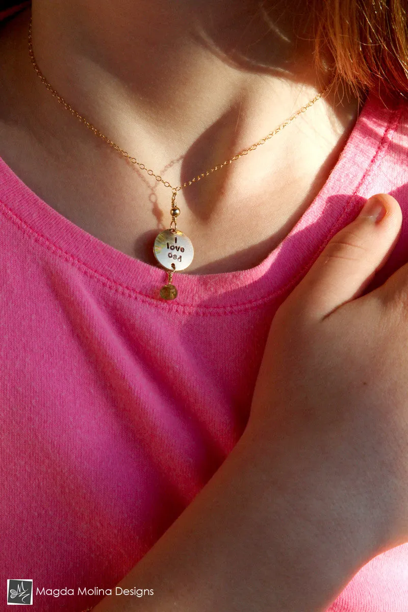 WHOLESALE - Mini Goddess (children) "i love mom/dad" Necklace With Peridot Gems