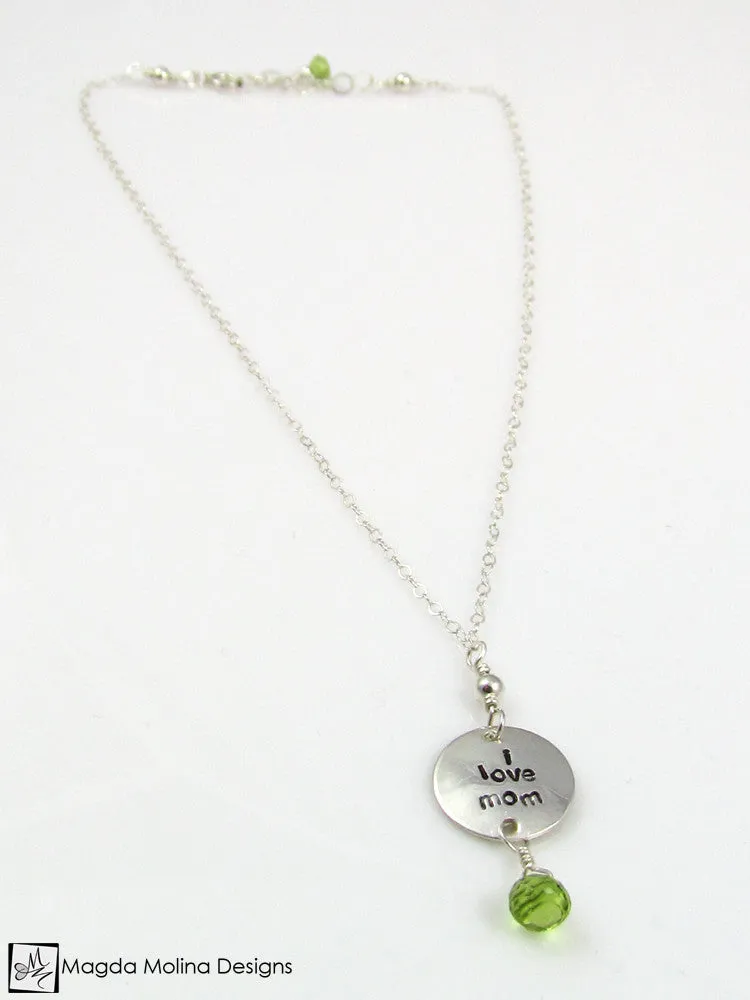 WHOLESALE - Mini Goddess (children) "i love mom/dad" Necklace With Peridot Gems