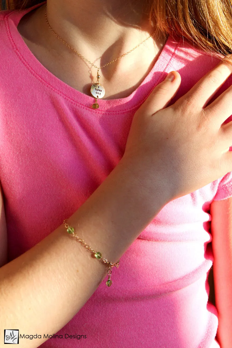 WHOLESALE - Mini Goddess (children) "i love mom/dad" Necklace With Peridot Gems