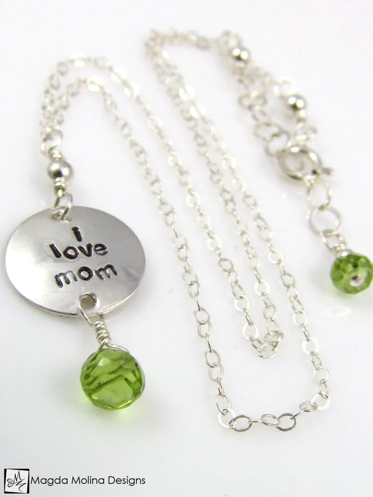 WHOLESALE - Mini Goddess (children) "i love mom/dad" Necklace With Peridot Gems