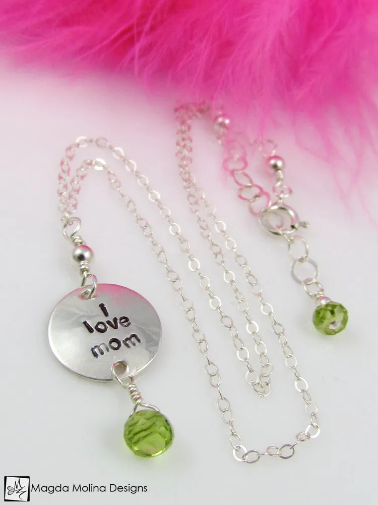 WHOLESALE - Mini Goddess (children) "i love mom/dad" Necklace With Peridot Gems