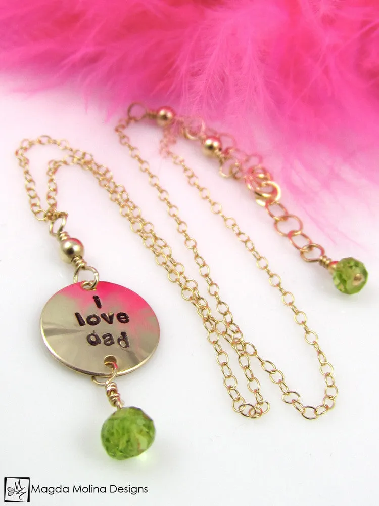 WHOLESALE - Mini Goddess (children) "i love mom/dad" Necklace With Peridot Gems