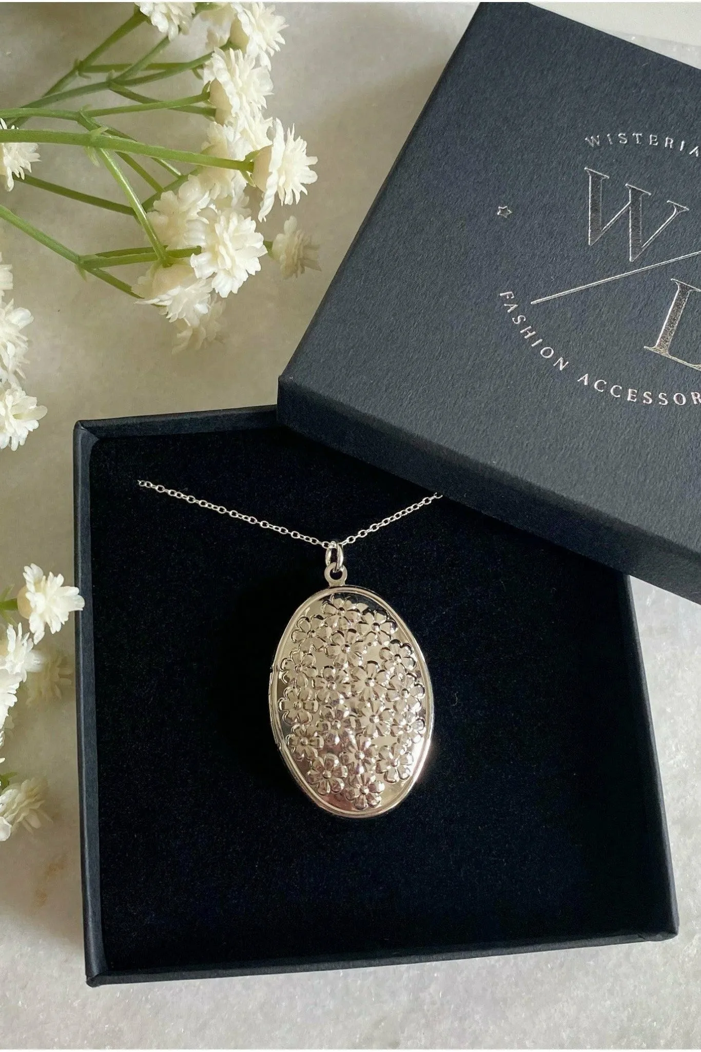 Wisteria London Blossom Flower Oval Locket - Silver