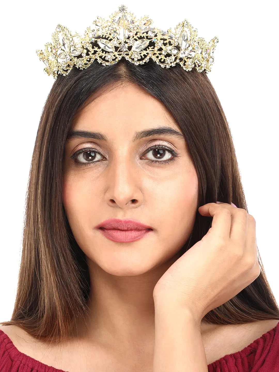 Yellow Chimes Tiara for Women and Girls Gold Plated Crown for Women White Crystal Studded Bridal Wedding Crown Tiaras for Women and Girls Gift For Women & Girls