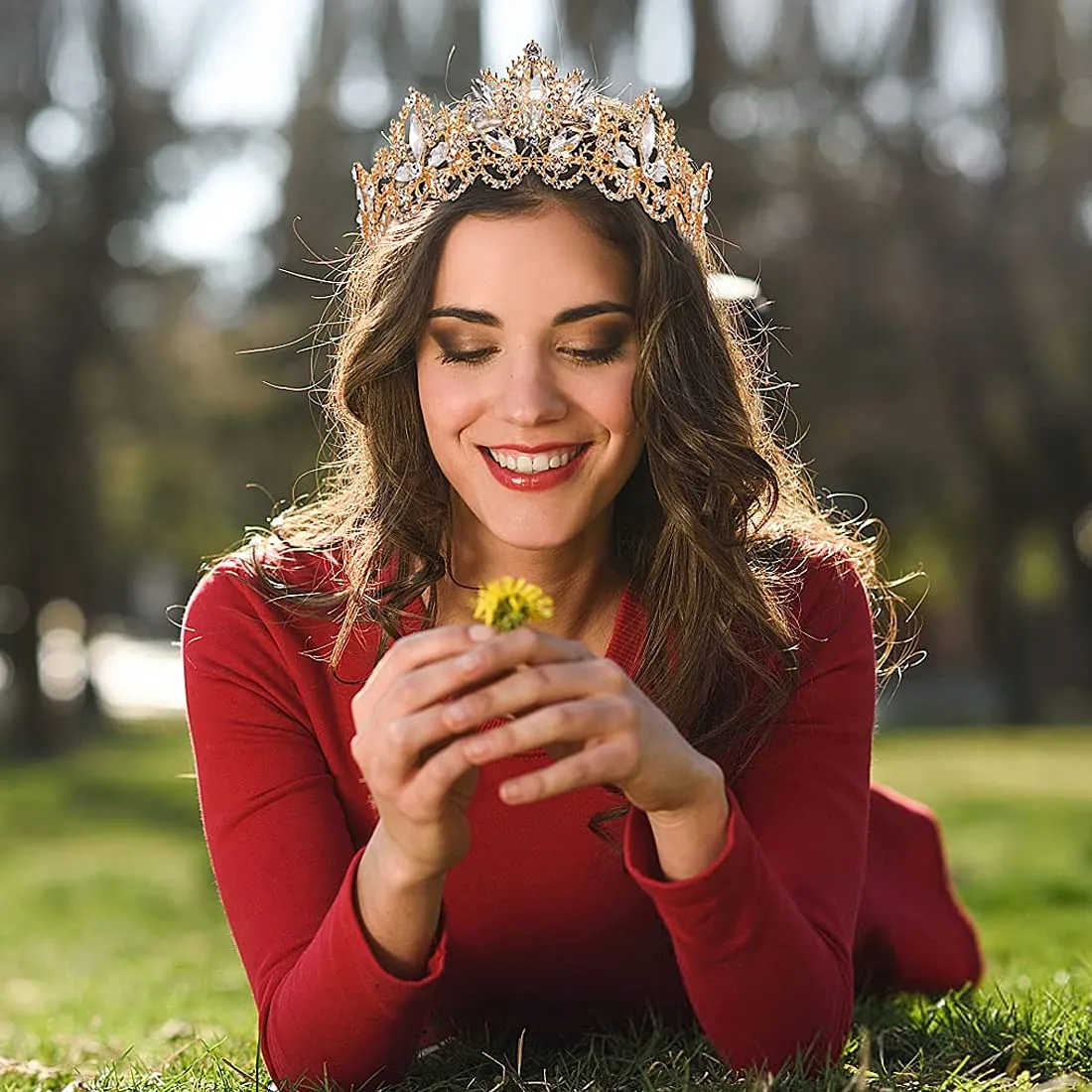 Yellow Chimes Tiara for Women and Girls Gold Plated Crown for Women White Crystal Studded Bridal Wedding Crown Tiaras for Women and Girls Gift For Women & Girls