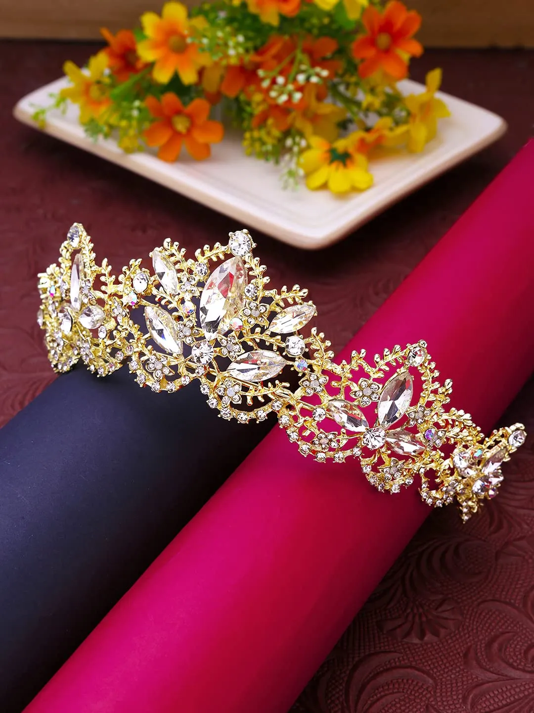 Yellow Chimes Tiara for Women and Girls Gold Plated Crown for Women White Crystal Studded Bridal Wedding Crown Tiaras for Women and Girls Gift For Women & Girls
